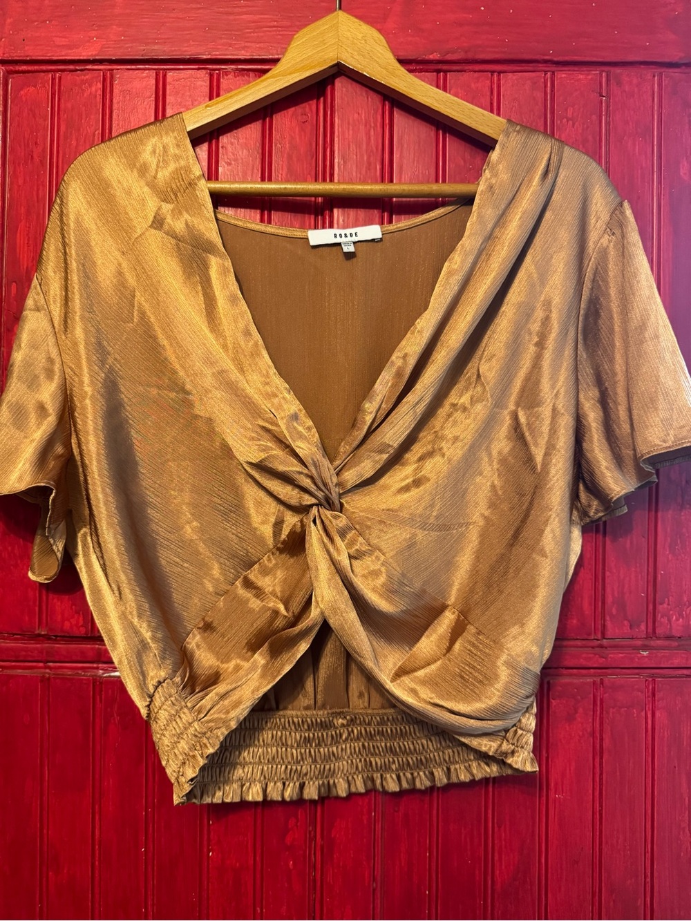 Ro & De Metallic Gold Twist-Front Crop Top